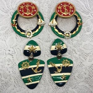 Vintage Nautical Big Funky Whimsy Statement Earrings Enamel.